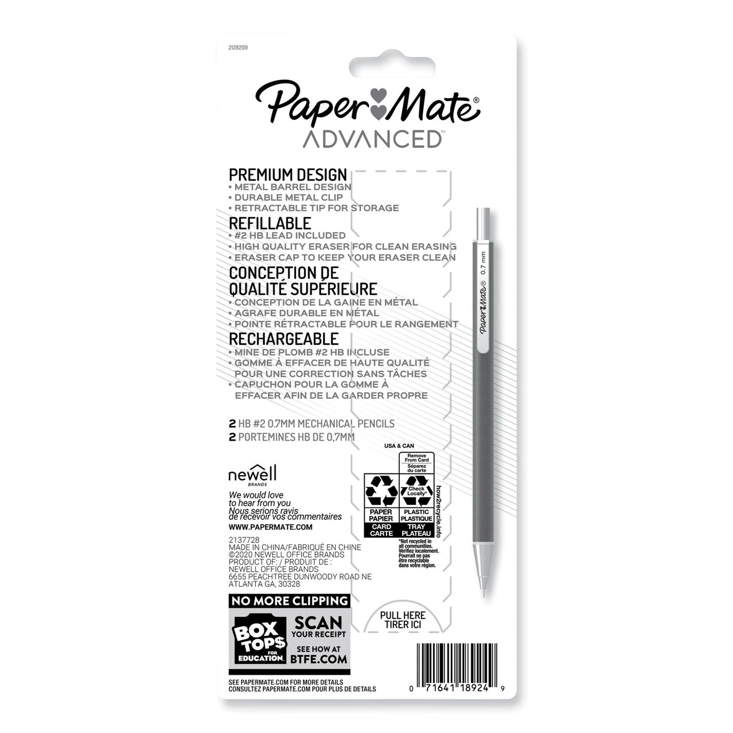 Paper Mate Advanced Mechanical Pencils, 0.7 mm, HB (#2), Black Lead, Gun Metal Gray; Rose Gold Barrel, 2/Pack