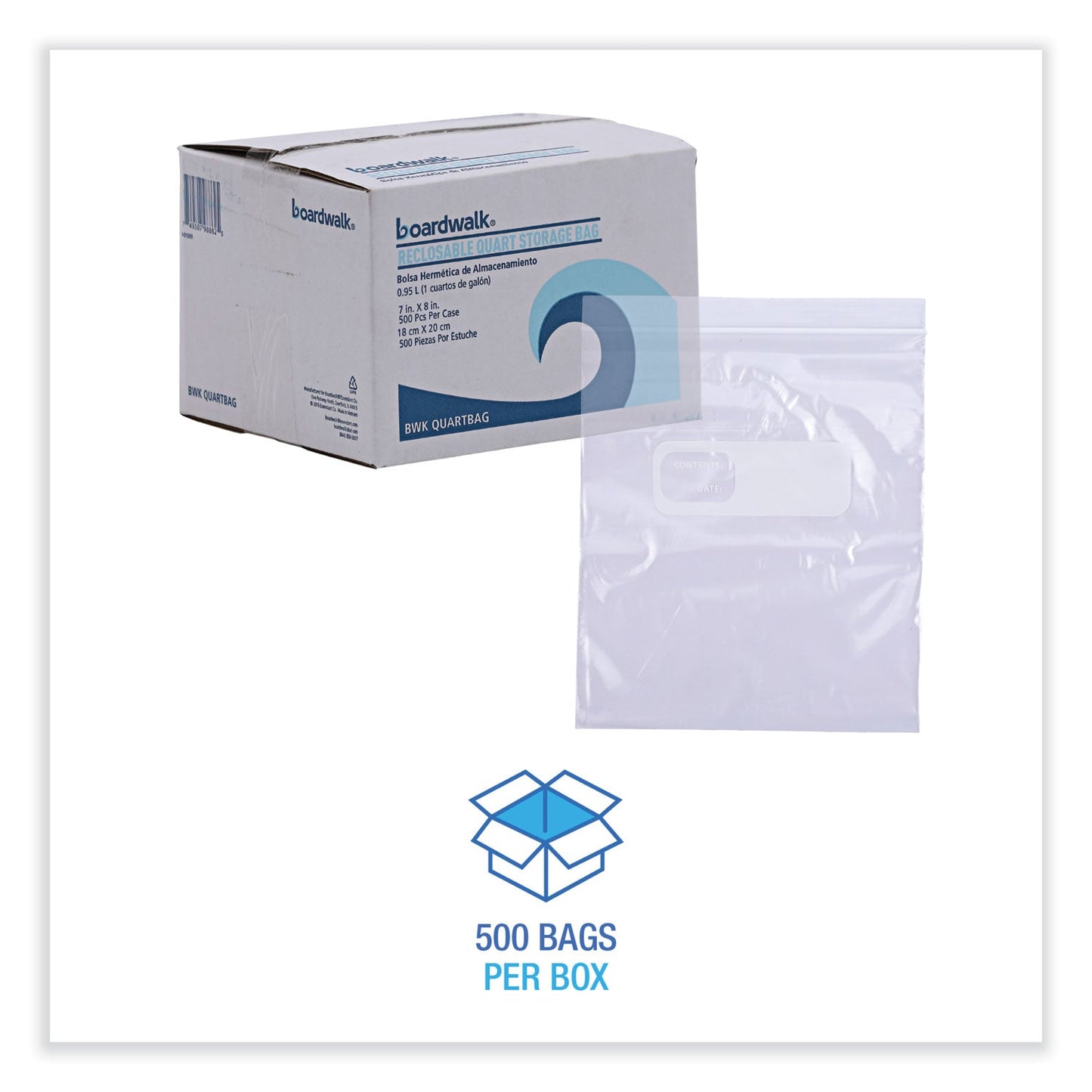 Boardwalk Reclosable Food Storage Bags, 1 qt, 1.75 mil, 7" x 8", Clear, 500/Box