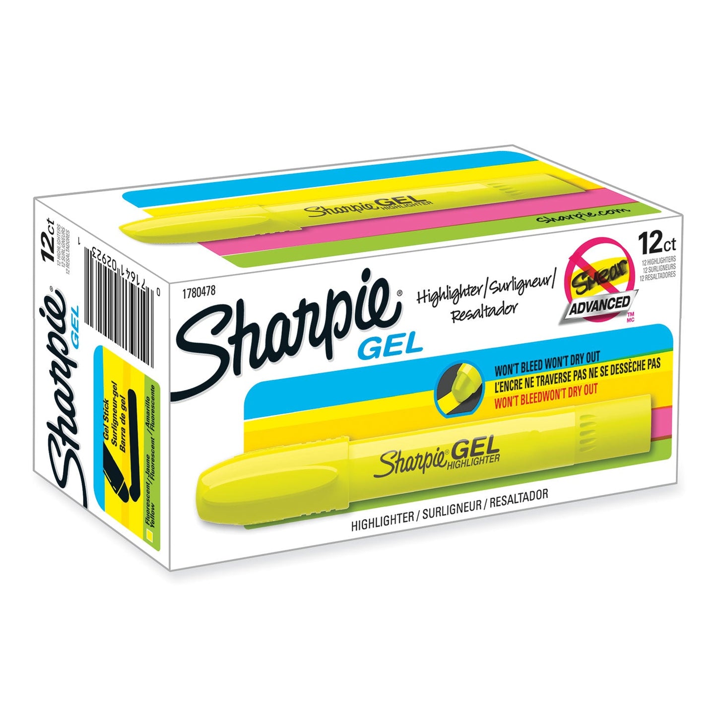 Sharpie Gel Highlighters, Fluorescent Yellow Ink, Bullet Tip, Yellow Barrel