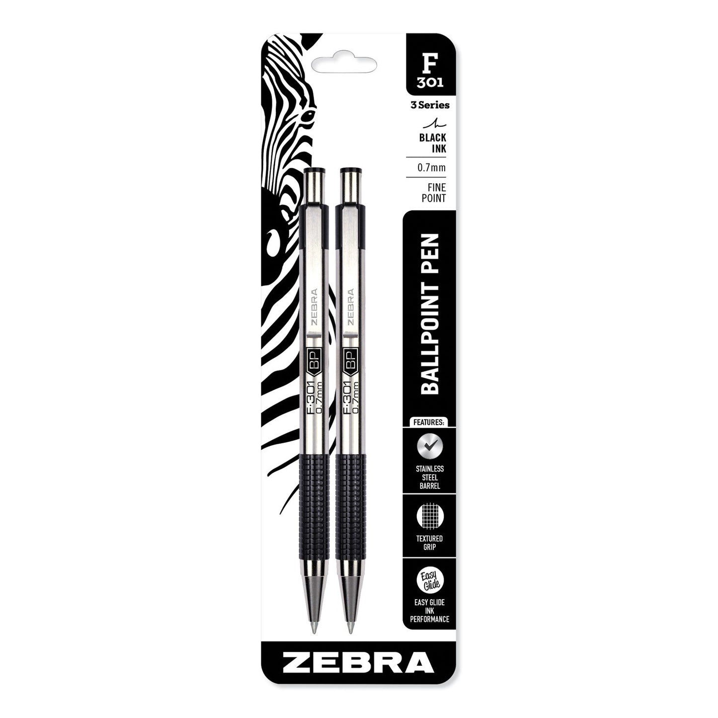 Zebra F-301 Ballpoint Pen, Retractable, Fine 0.7 mm, Black Ink, Stainless Steel/Black Barrel, 2/Pack