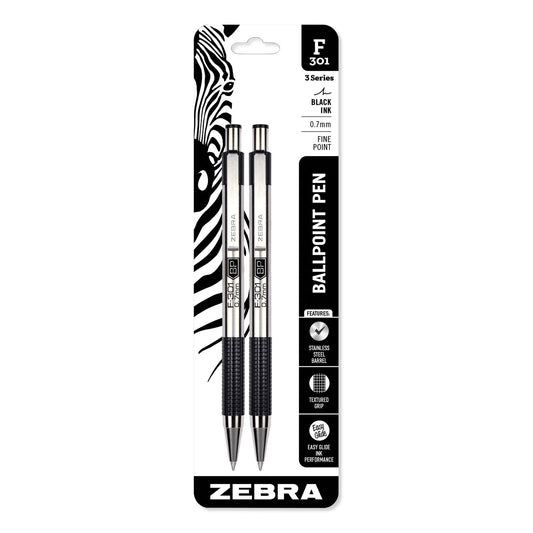 Zebra F-301 Ballpoint Pen, Retractable, Fine 0.7 mm, Black Ink, Stainless Steel/Black Barrel, 2/Pack