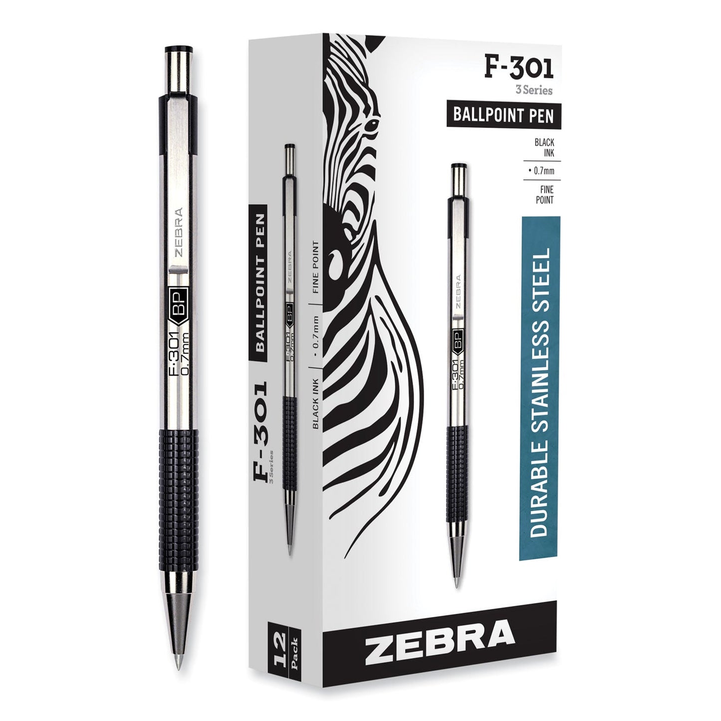 Zebra F-301 Ballpoint Pen, Retractable, Fine 0.7 mm, Black Ink, Stainless Steel/Black Barrel