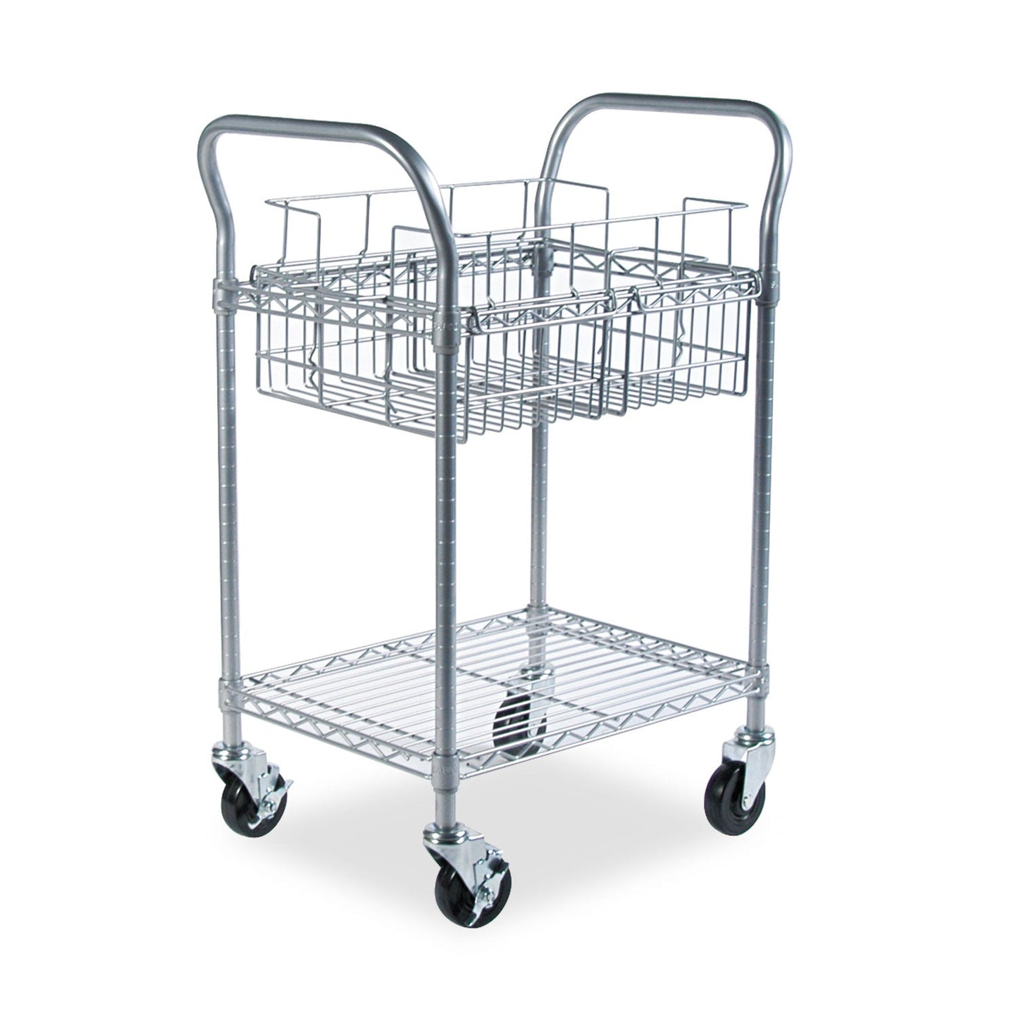 Safco Dual-Purpose Wire Mail and Filing Cart, Metal, 1 Shelf, 1 Bin, 26.75" x 18.75" x 38.5", Metallic Gray