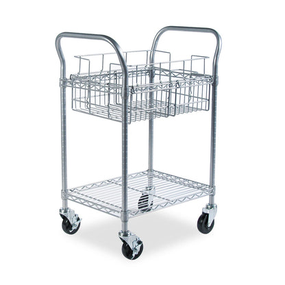 Safco Dual-Purpose Wire Mail and Filing Cart, Metal, 1 Shelf, 1 Bin, 26.75" x 18.75" x 38.5", Metallic Gray