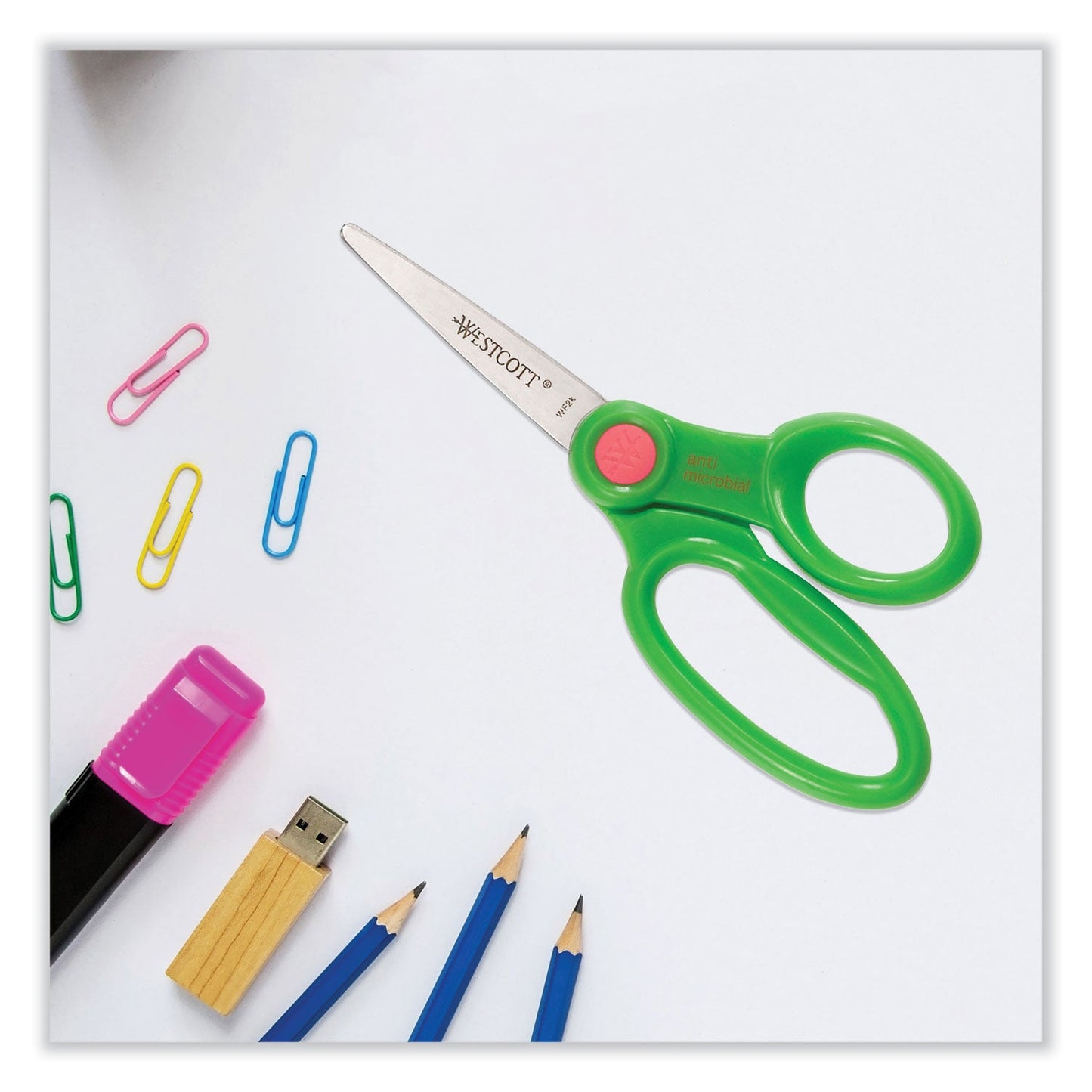 Westcott Kids' Scissors with Antimicrobial Protection, Pointed Tip, 5" Long, 2" Cut Length, Randomly Assorted Straight Handles