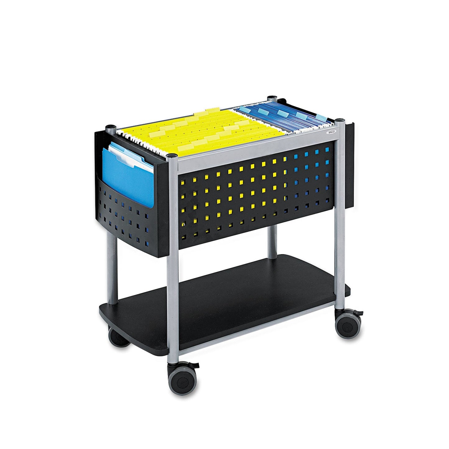 Safco Scoot Open Top Mobile File Cart, Metal, 1 Shelf, 3 Bins, 28" x 14.75" x 26", Black/Silver