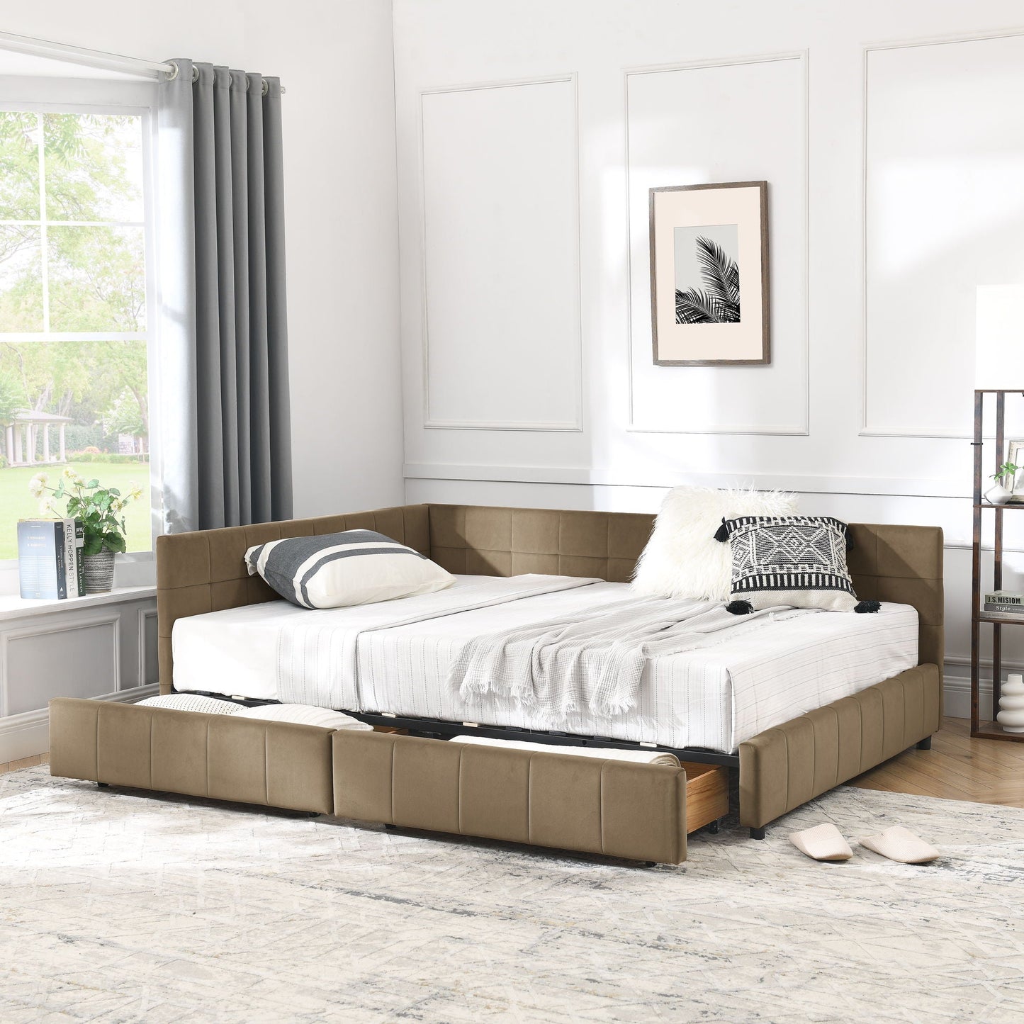 Mid-Century Storage Upholstered Tufted Bed Frame With Backrest And Armrests
