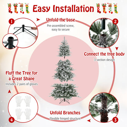 8 Feet Snow Flocked Artificial Christmas Tree with Cool White LED Lights