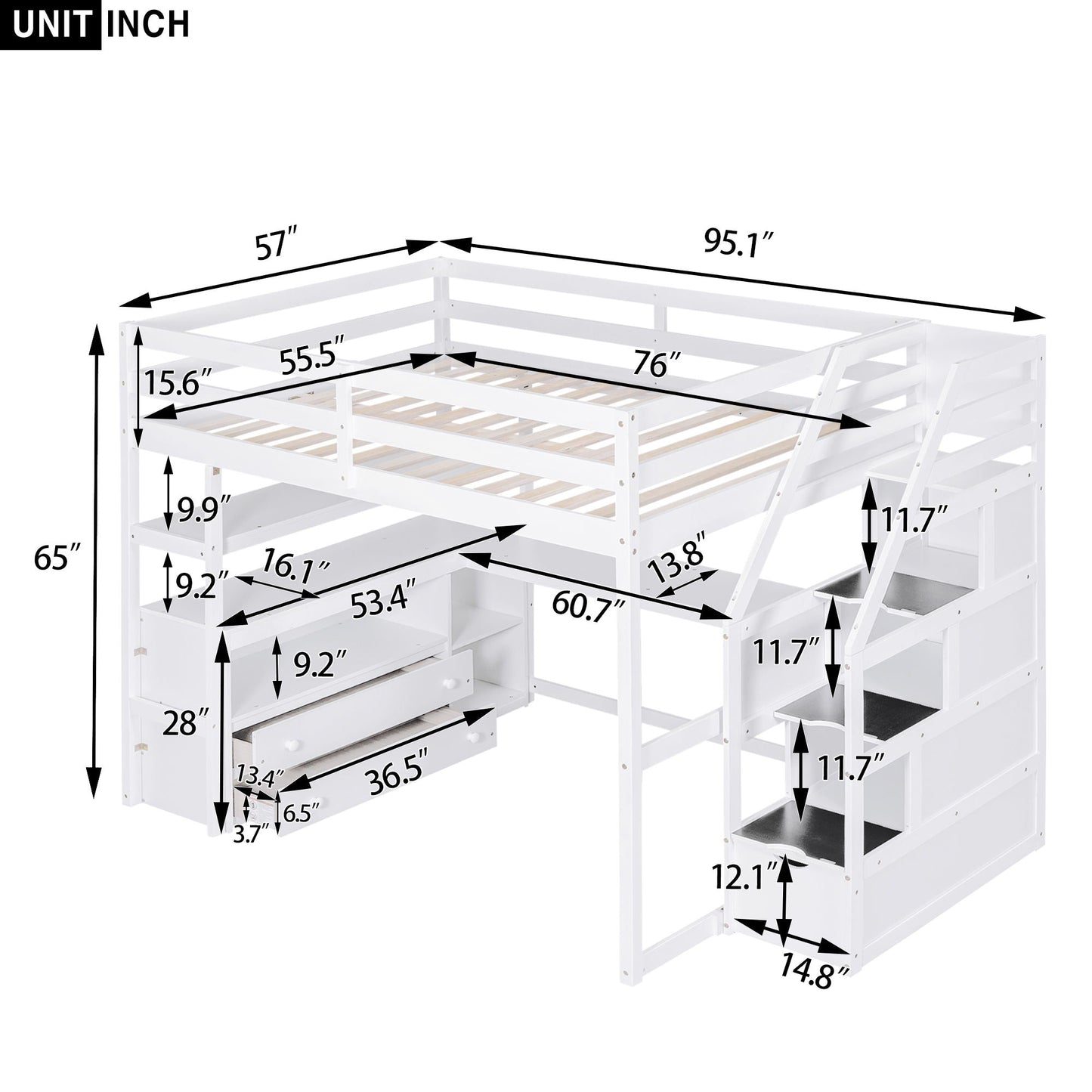 Loft Bed With Desk, Shelves, 2 Drawers, Storage Staircase
