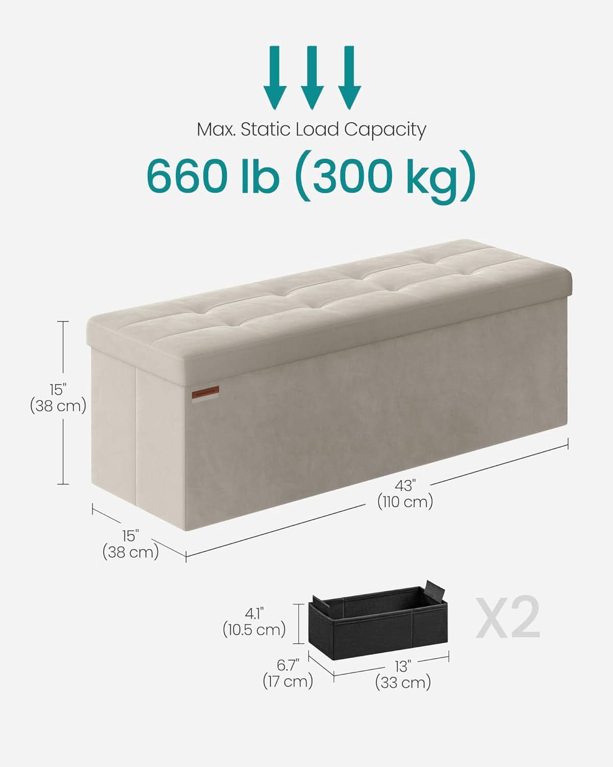 Cream White Storage Ottoman Bench Foldable 15x43x15