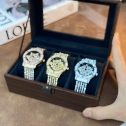 Luxury Watches for Ladies and Gentlemen Luxury round Dial Diamond-Encrusted with Rotating Star Design Quartz Watch - Fashionable Sparkling & Versatile Timeless Classic Design with Adjustment Tool Birthday Gifts