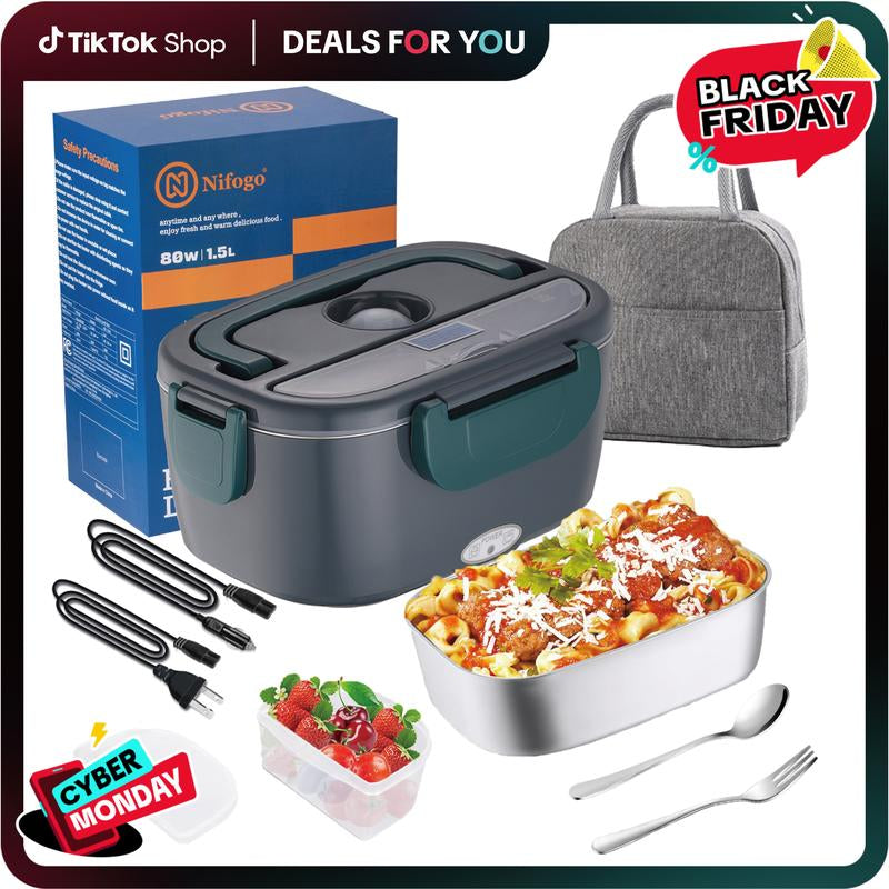 Electric Lunch Box Food Heater 80W，12V/24V/110V Self Heating Lunchboxfor Work/Car/Truck with Insulated Bag，1.5/1.8L,Dealsforyoudays