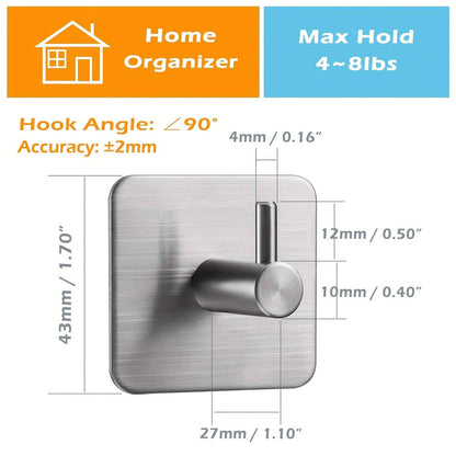4-Pack Heavy Duty Stick Hooks – Stainless Steel, Waterproof, Wall Mount