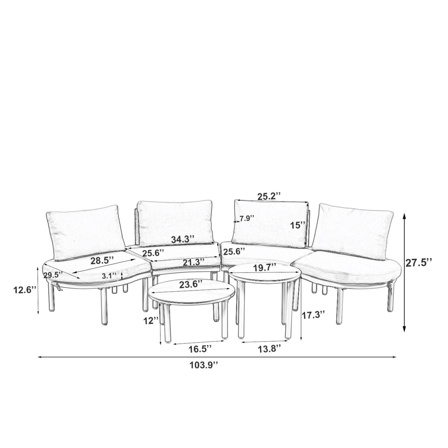 6 Piece Patio Set, Half Moon Outdoor Sectional Sofa With 2 High Low Coffee Tables, 4 Pillows & Cushions
