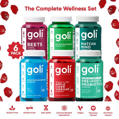 Goli Complete Wellness Bundle - 6-Pack of 3-in-1 Pre, Post, Probiotic Gummies with Apple Cider Vinegar, Vitamin B12, Ashwagandha, Matcha, Beets, and Super Greens - Vegan, Non-GMO, Gluten-Free!