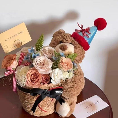 Valentine’S Day Teddy Bear with Eternal Rose Bouquet, Preserved Flower Plush Bear, Romantic Birthday Gift for Her Gift Sets