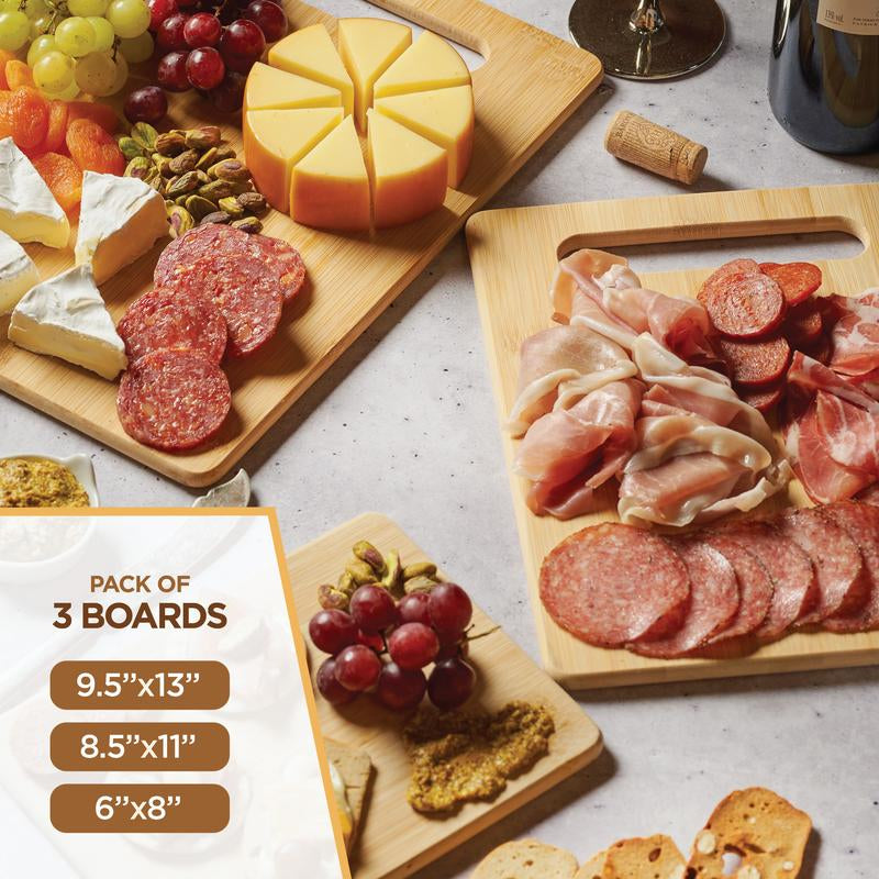 3-Piece Cutting Board Set - Bamboo Wood Chopping Boards with Built-In Hand Grips, Durable & Knife-Safe Wooden Boards for Kitchen Prep & Serving Lightweight