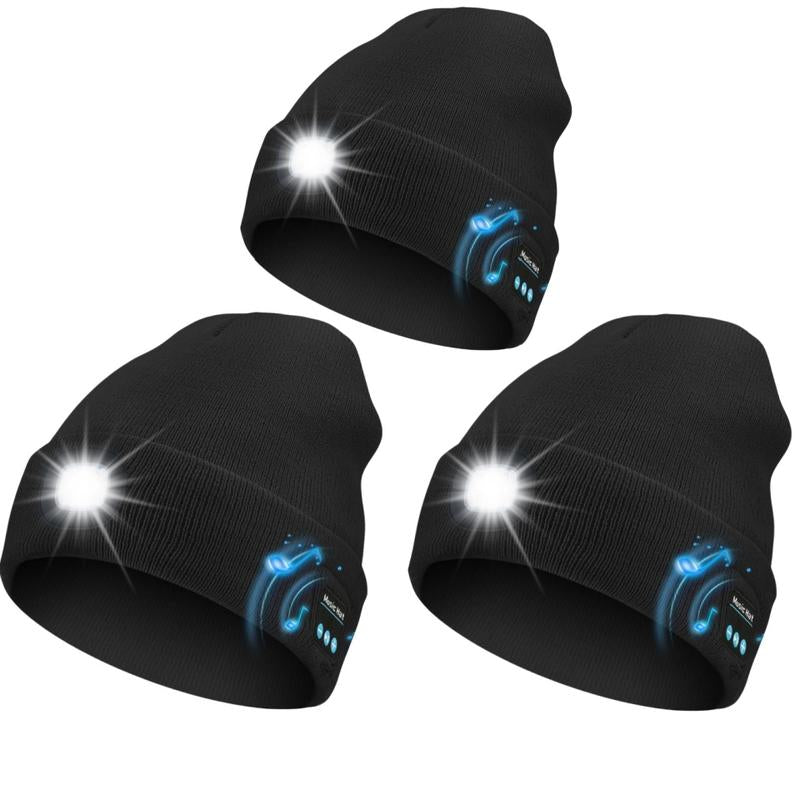 Bluetooth Beanie with Light, Unisex USB Rechargeable 4 LED Fashlight Hat with Cordless Headphones, Unique Christmas Birthday Gifts for Men Husband Teen Warm Beany Knit Balaclava Outdoor Activities Skull Cap Cycling Spider Web Sport Lightweight Sweat