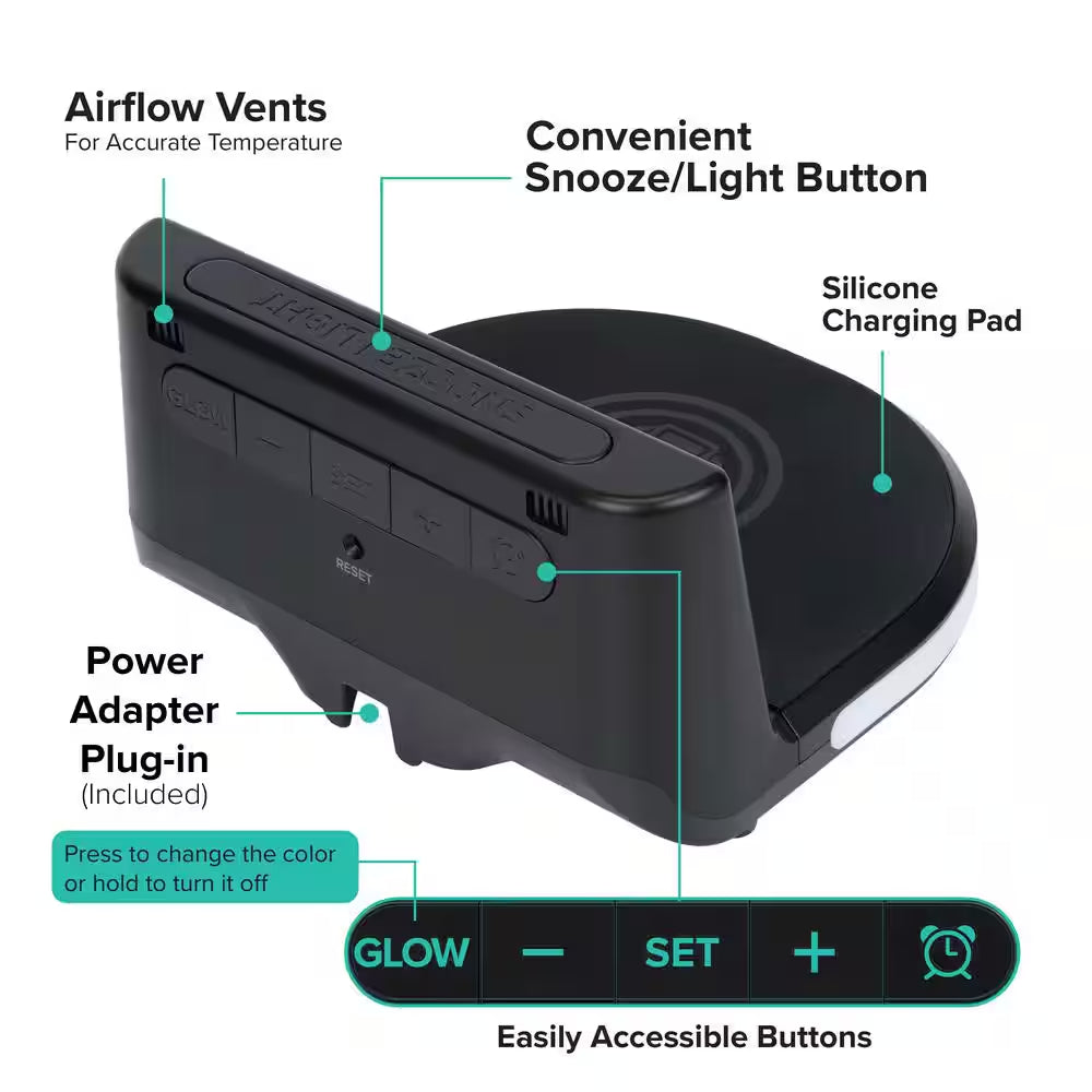 Qi-Certified Wireless Charging Alarm Clock with Glowing Light Base