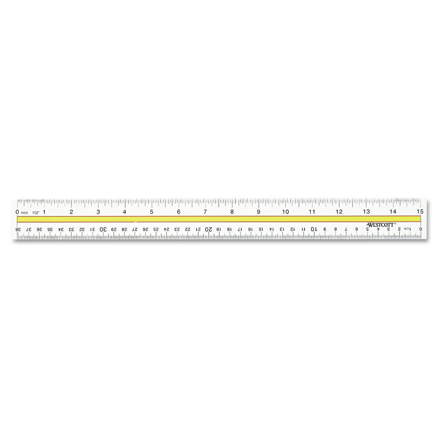 Westcott Acrylic Data Highlight Reading Ruler With Tinted Guide, 15" Long, Clear/Yellow