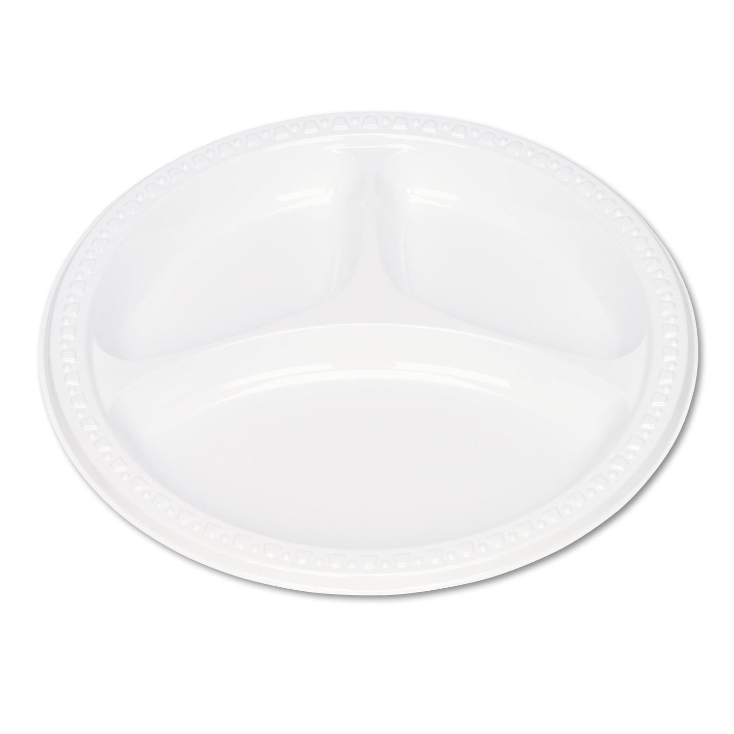 Tablemate Plastic Dinnerware, Compartment Plates, 9" dia, White, 125/Pack