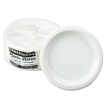 Tablemate Plastic Dinnerware, Plates, 10.25" dia, White, 125/Pack