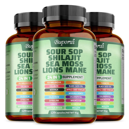 Buporai-Soursop Blend Dietary Supplement Capsules, Containing Soursop Blend, Vitamin C, Supports Skin Health, Relieves Stress, Supports Joint and Bone Health