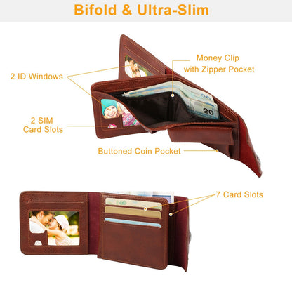 Men’s Wallet PU Leather Bifold Purse Slim RFID Blocking Card Holder Cases w/ 2 ID Window Coin Pocket