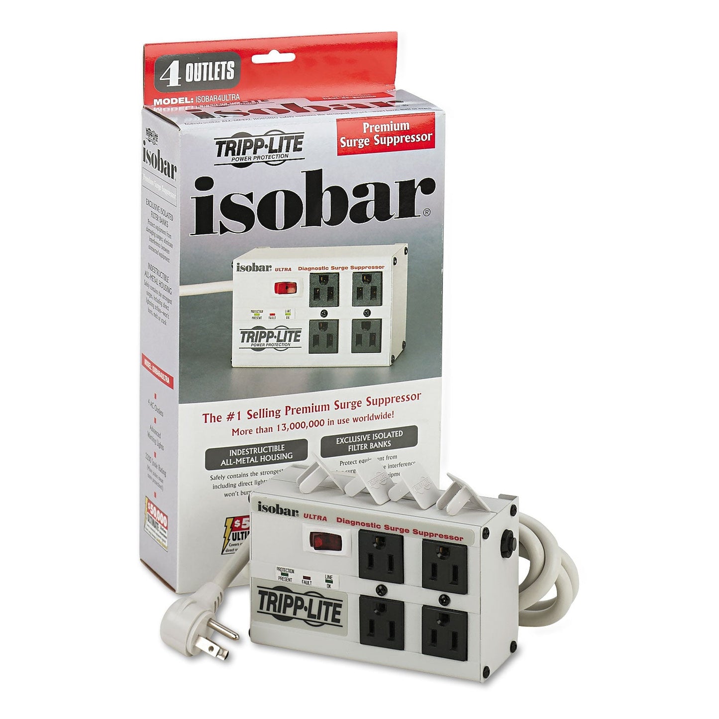 Tripp Lite Isobar Surge Protector with Diagnostic LEDs, 4 AC Outlets, 6 ft Cord, 3,330 J, Light Gray