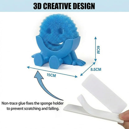 Creative Hanging Sponge Holder with Drainage/Traceless Glue, 3D Printing Countertop Funny Sponge Holders for Kitchen Sink, Keeps Your Sponge Dry & Smiling, for Scrub Daddy Holder (1, Blue)