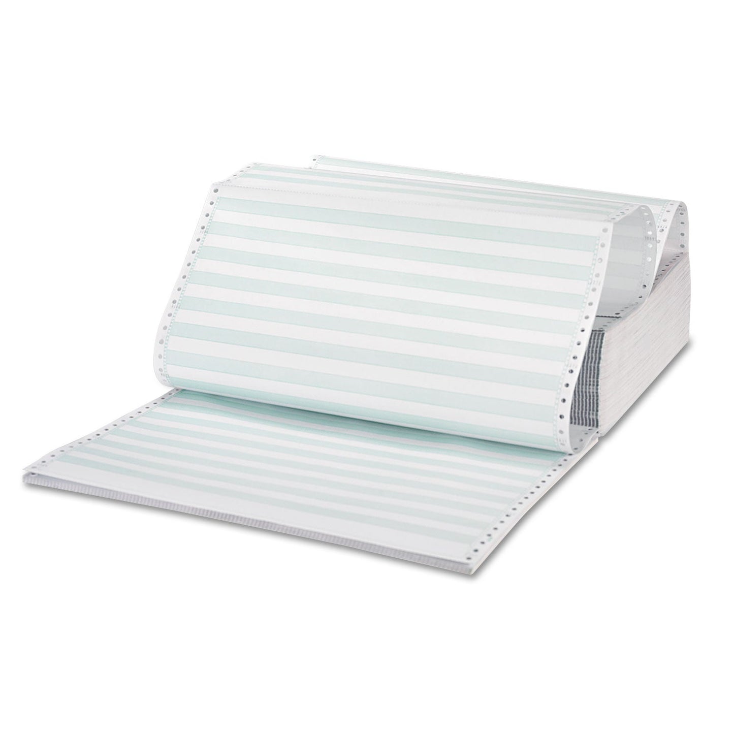 Universal Printout Paper, 3-Part, 15 lb Bond Weight, 14.88 x 11, White/Green Bar, 1,100/Carton