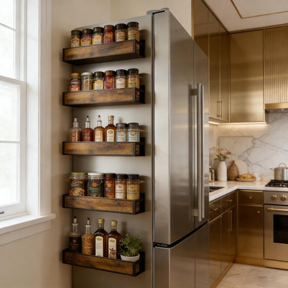 Magnetic Refrigerator Organizer Shelf｜No Drill Fridge Side Spice Rack｜Carbon Steel Magnetic Storage with Wood-Grain Look｜Strong Hold Space Saving Kitchen Organizer for Small Kitchens