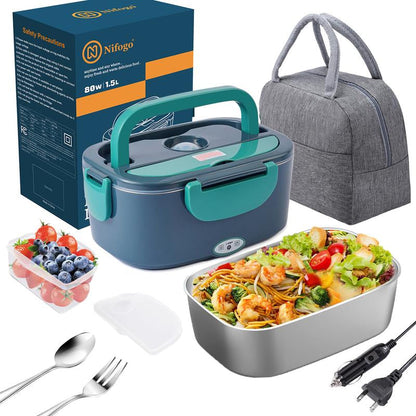 Electric Lunch Box 80W 1.5L Stainless Steel Bento Warmer with Indicator Light & Portable Tableware Set for Home Office Travel Food Quick Storage Fork 80W/1.5L/Black