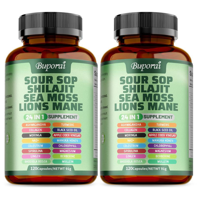 Buporai-Soursop Blend Dietary Supplement Capsules, Containing Soursop Blend, Vitamin C, Supports Skin Health, Relieves Stress, Supports Joint and Bone Health