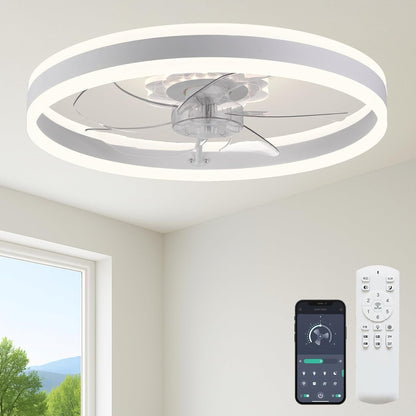 20‘’ Ceiling Fan with Light, Upgraded Low Profile Fan, Flush Mount Ceiling Fan, 6 Speeds, Dimmable LED, App & Remote Control, Quiet DC Motor, for Bedroom, Living Room, F115 White