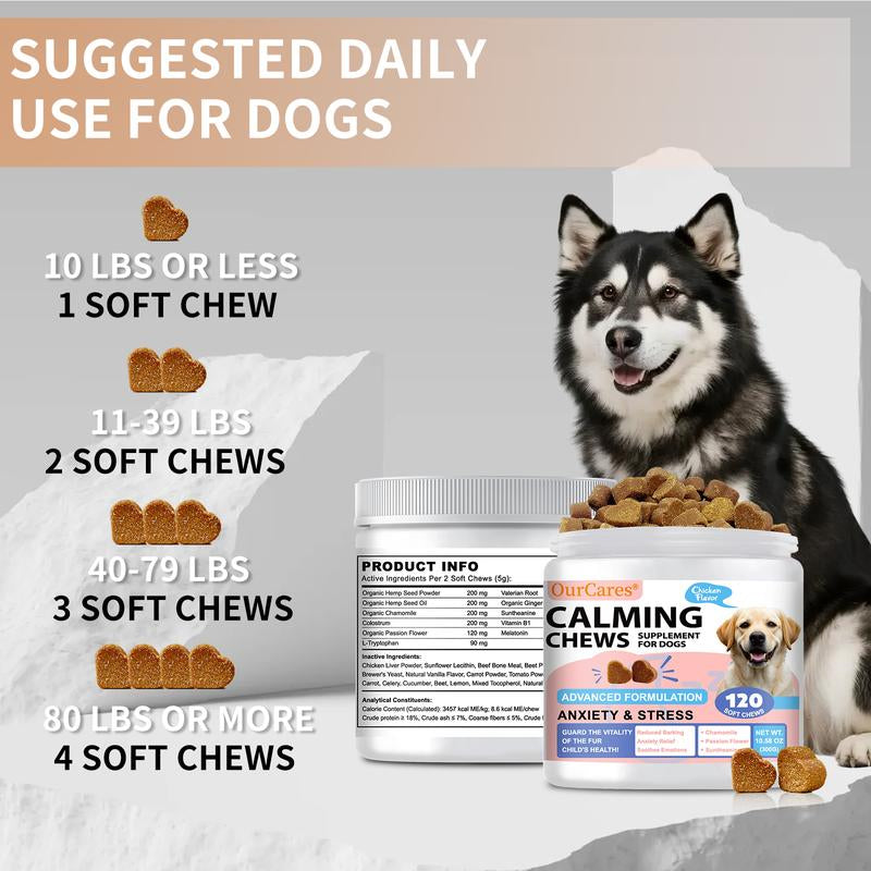 Ourcares Calming Chews for Dogs | 120 Soft Chews, Chicken Flavorrelieves Separation Anxiety, Reduces Stress & Destructive Behavior, Aids Sleep & Training