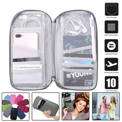 Travel Passport Wallet 12Cells Ticket ID Credit Card Holder Water Repellent Documents Phone Organizer Zipper Case Business Trip Daily Use
