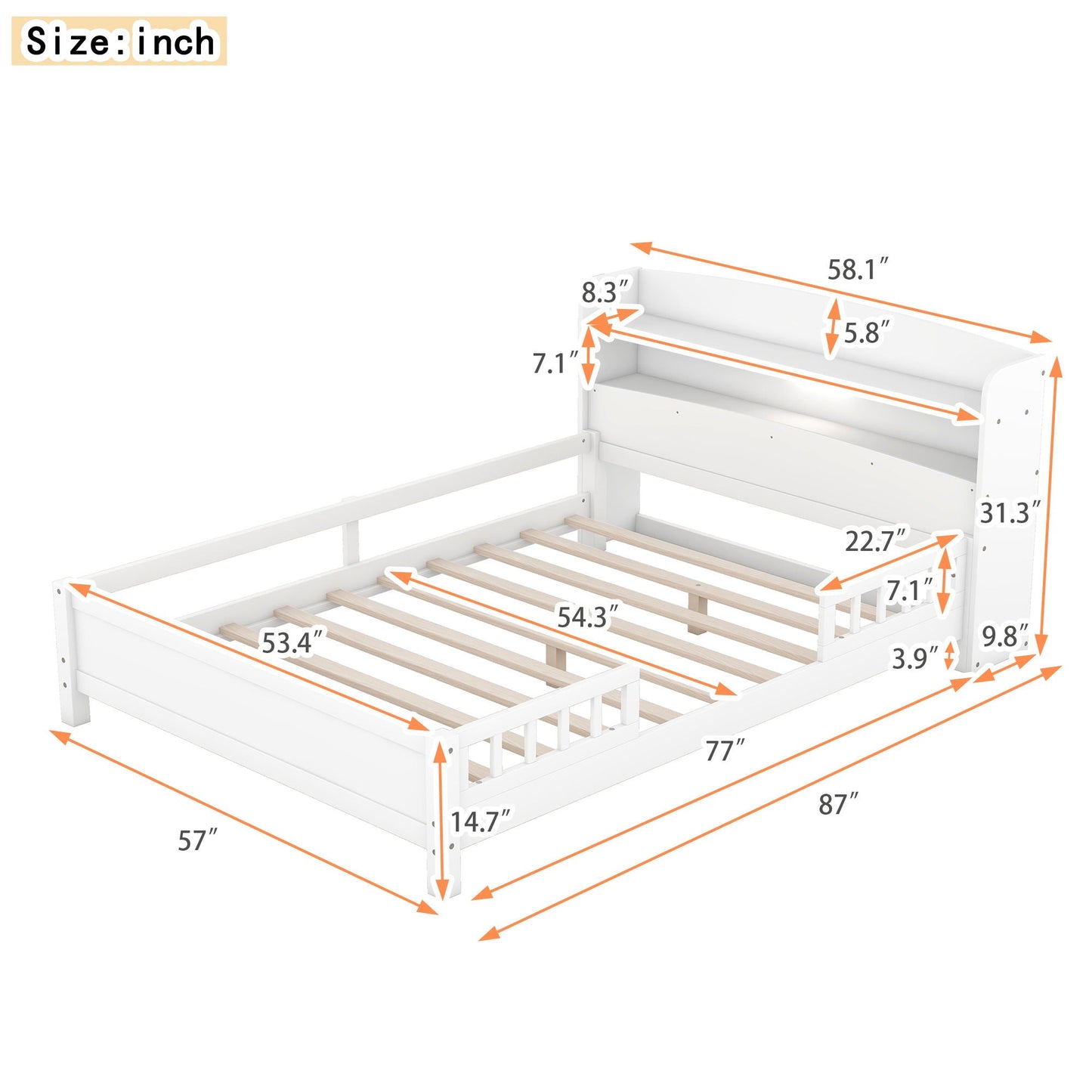 Wood Platform Bed With Built In LED Light, Storage Headboard And Guardrail