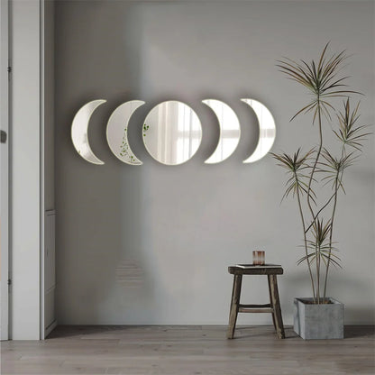5PCS Moon Phase Design Acrylic Mirror Wall Sticker Self Adhesive Mirror Wall Decal Wall Decor for Home Living Room Bedroom Or