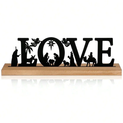 1pc Metal Ornaments for Christmas Decorations Black Metal Nativity Scene with Wooden Base for Home Office Shelf Table Decor