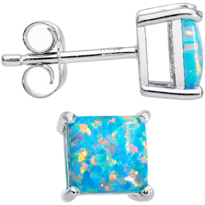 6mm Teal Square Sterling Silver Synthetic Opal Stud Earrings