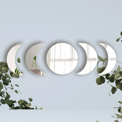 5PCS Moon Phase Design Acrylic Mirror Wall Sticker Self Adhesive Mirror Wall Decal Wall Decor for Home Living Room Bedroom Or