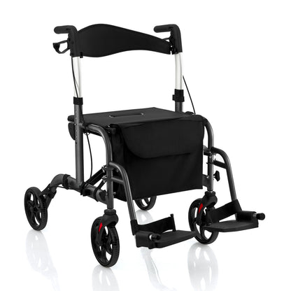 2-in-1 Adjustable Folding Handle Rollator Walker with Storage Space-Black
