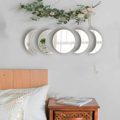 5PCS Moon Phase Design Acrylic Mirror Wall Sticker Self Adhesive Mirror Wall Decal Wall Decor for Home Living Room Bedroom Or