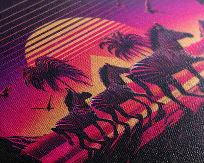 Zebra running through the plains, synthwave art, framed canvas print, framed wall art