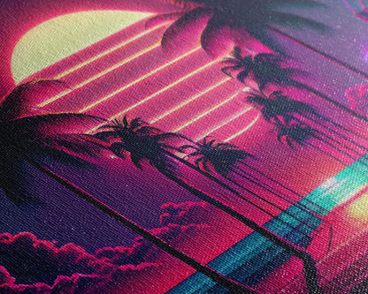 The Neon Boardwalk, Florida Synthwave Sunset, framed canvas print, retro style Miami vibes art