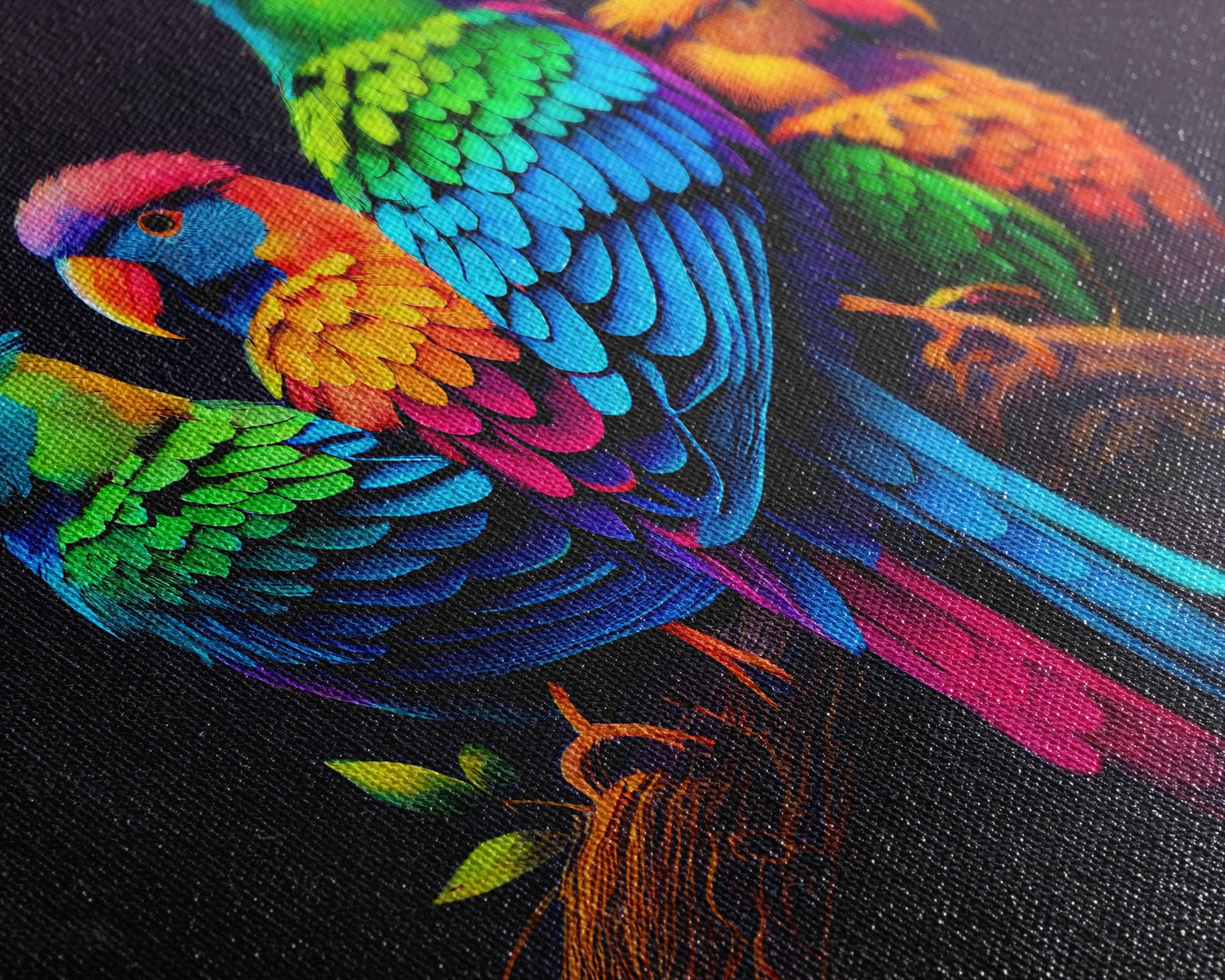 Tropical birds, vibrant and colorful animal print, parrots, framed canvas print, Framed wall art