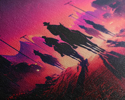 Retro Synthwave Style Post-Apocalyptic Cowboys, framed canvas print, retro outrun style wild west art