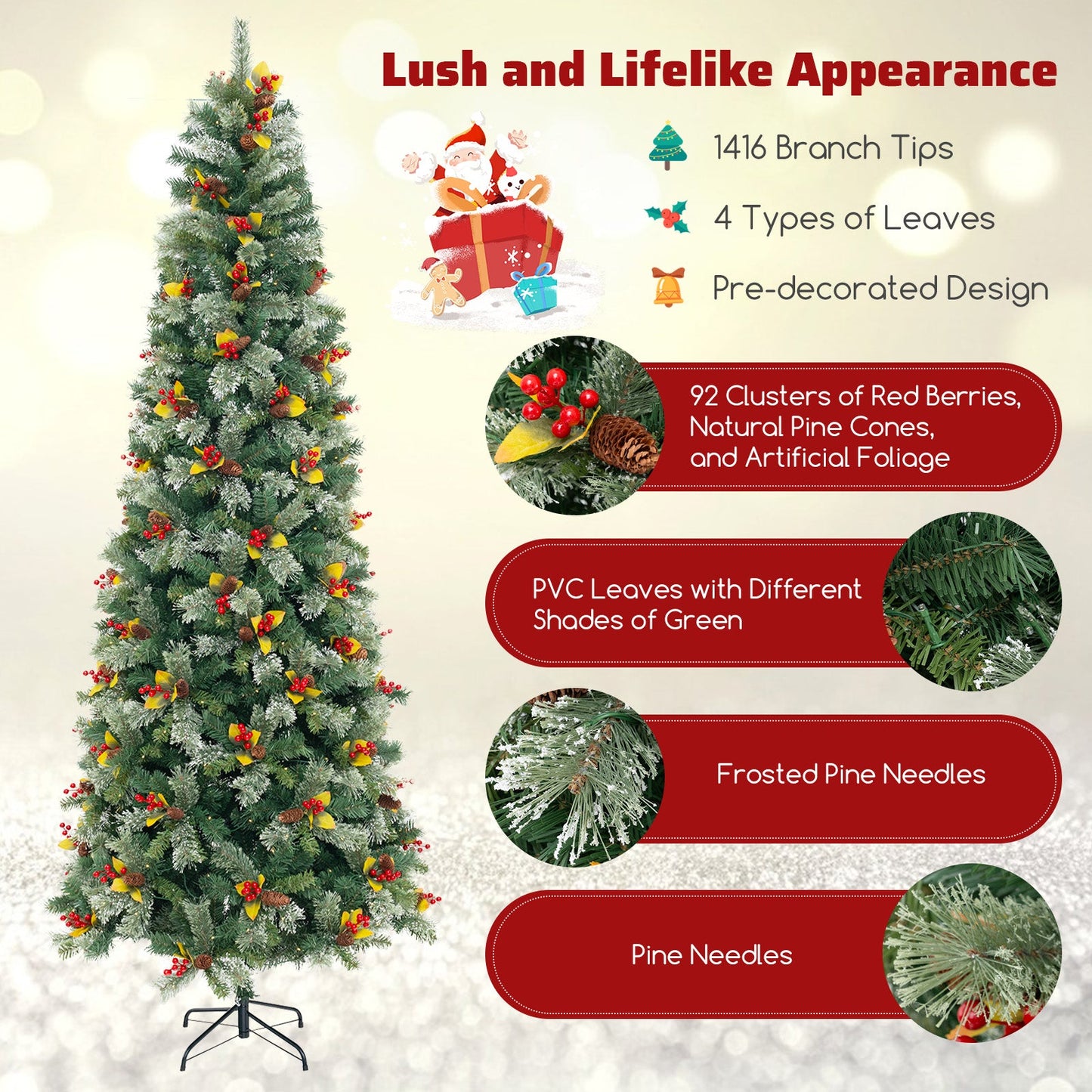 5/7.5/9 FT Pre-Lit Artificial Christmas Tree with 453/1096/1416 PVC and Pine Needles