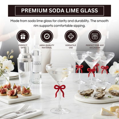 Single Clear Martini Glass with Red Bow on Stem, One Piece